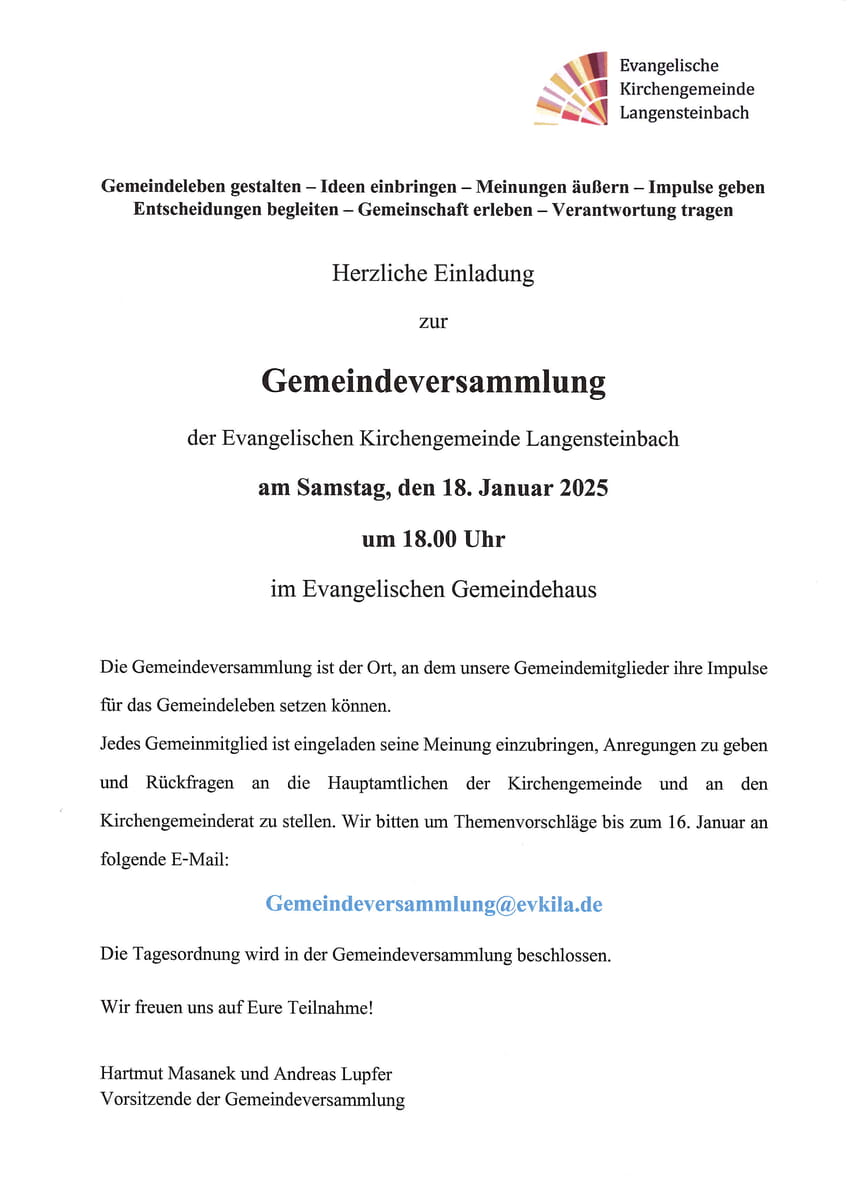 Samstag 18. Januar Gemeindeversammlung im Gemeindehaus um 18:000 Uhr